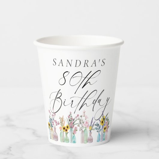 水エレガント色花模様80誕生日 紙コップ (正面)