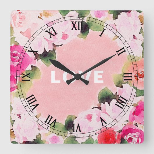 水エレガント色芸術的ピンクローゼラブラブ文字 スクエア壁時計 (正面)
