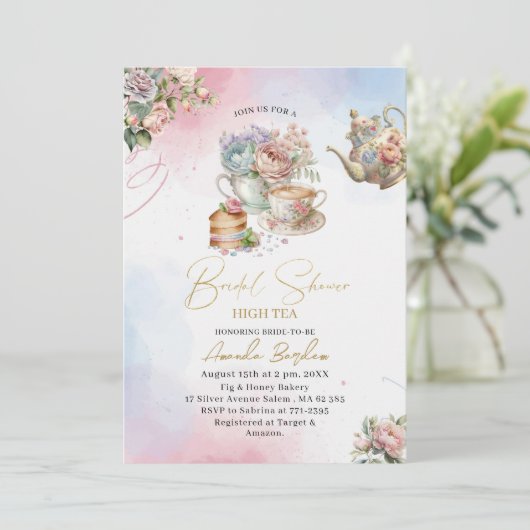 水エレガント色茶パーティーガールピンク金ゴールドブライダル 招待状 (スタンド正面)