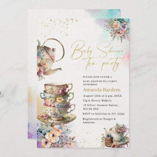 水エレガント色茶パーティーガールピンク金ゴールドベビーs 招待状 (正面/裏面)