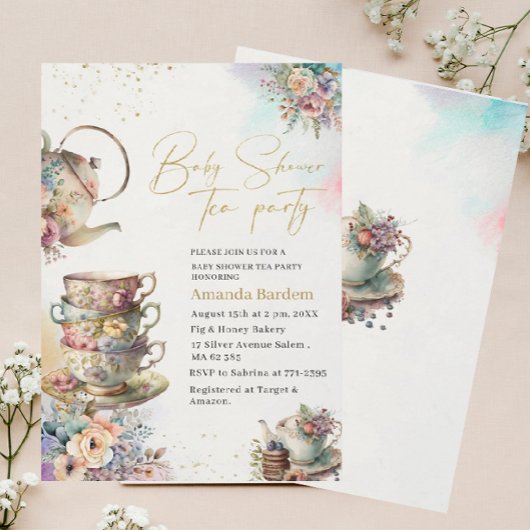 水エレガント色茶パーティーガールピンク金ゴールドベビーs 招待状