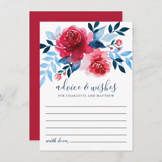 水エレガント色赤いバラ青い葉結婚色 アドバイスカード (正面/裏面)