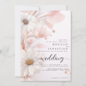 水エレガント色赤面ピンクデイジー結婚ズ 招待状 (正面)