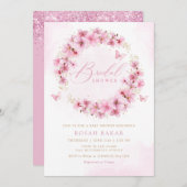 水エレガント色赤面ピンクフローラブライダルシャワー 招待状 (正面/裏面)