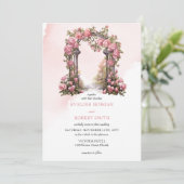 水エレガント色赤面ピンクフローラ結婚アーチ 招待状 (スタンド正面)