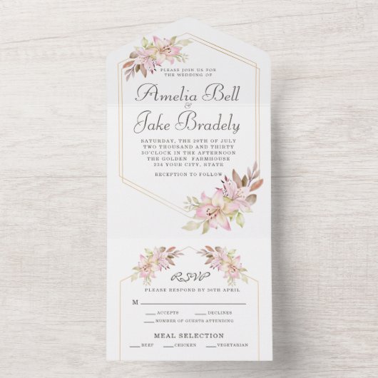 水エレガント色赤面ピンクリー結婚ス オールインワン招待状 (内側)