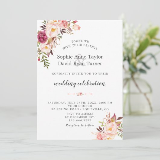 水エレガント色赤面ピンク結婚花 招待状 (スタンド正面)