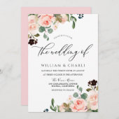 水エレガント色赤面ピンク結婚花 招待状 (正面/裏面)