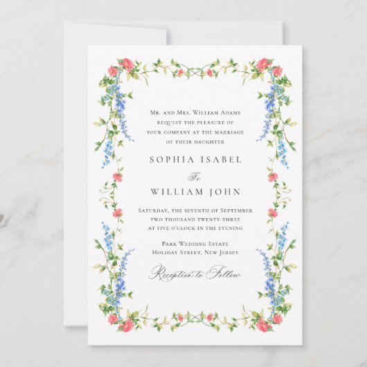 水エレガント色野生の花結婚のQRコード 招待状 (正面)