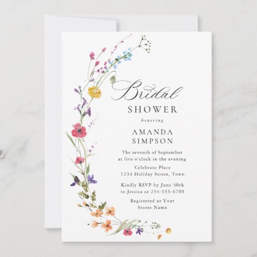 水エレガント色野花ブライダルシャワー 招待状 (正面)