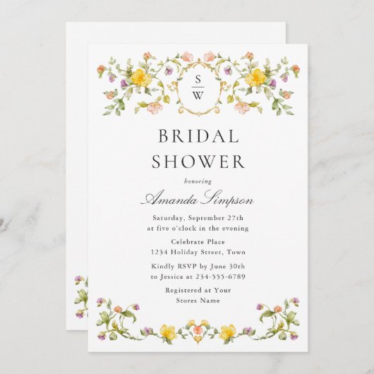 水エレガント色野花ブライダルシャワー 招待状 (正面/裏面)