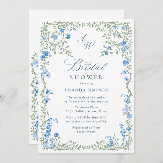 水エレガント色野花ブライダルシャワー 招待状 (正面/裏面)