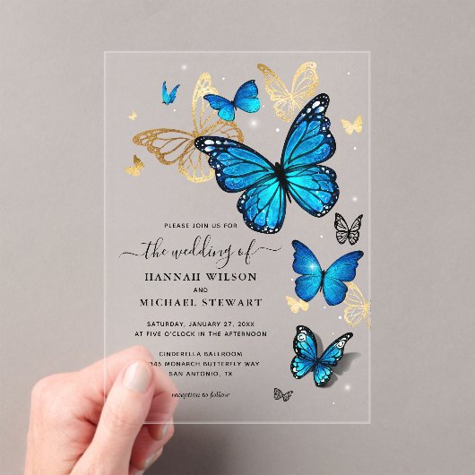 水エレガント色金ゴールドとブルーバタフライ結婚ズ アクリル招待状 (インサイチュ (ポータブル))