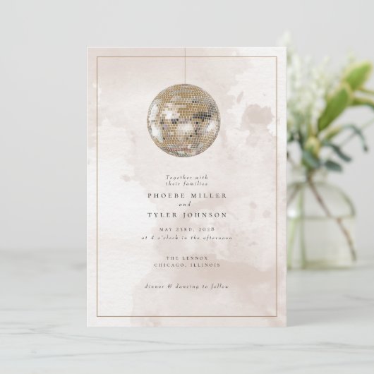 水エレガント色金ゴールドディスコ結婚ボール 招待状 (スタンド正面)