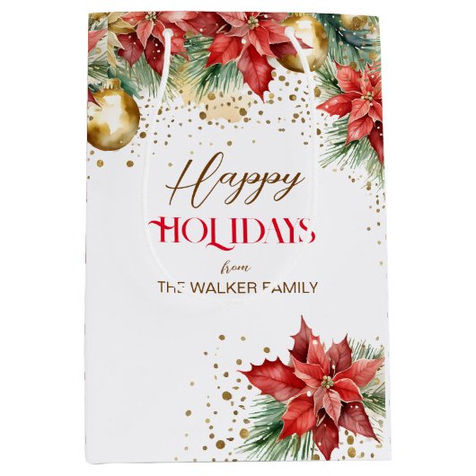 水エレガント色金ゴールド赤ポインセチア・クリスマス ミディアムペーパーバッグ (正面)