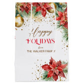 水エレガント色金ゴールド赤ポインセチア・クリスマス ミディアムペーパーバッグ (裏面)