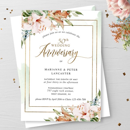 水エレガント色50周年結婚フローラ 招待状