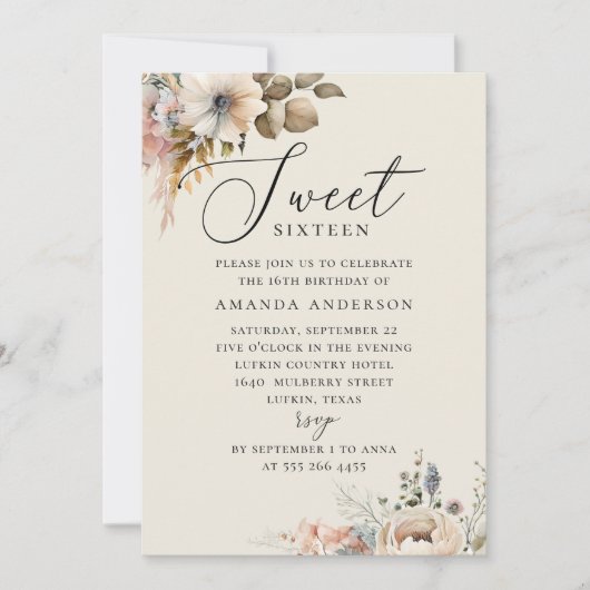 水エレガント色bohoフローラ甘い16誕生日 招待状 (正面)