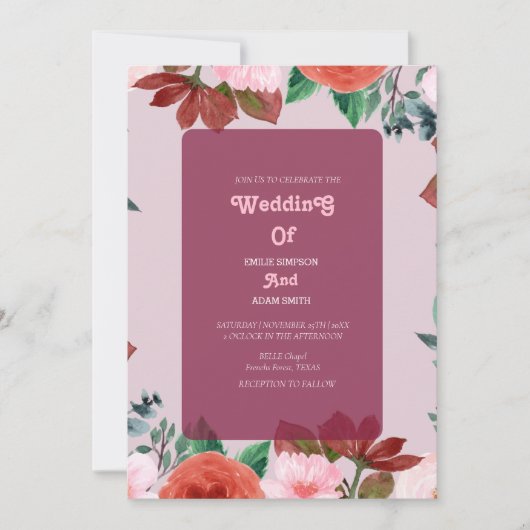 水エレガント色BOHOフローラ結婚 招待状 (正面)