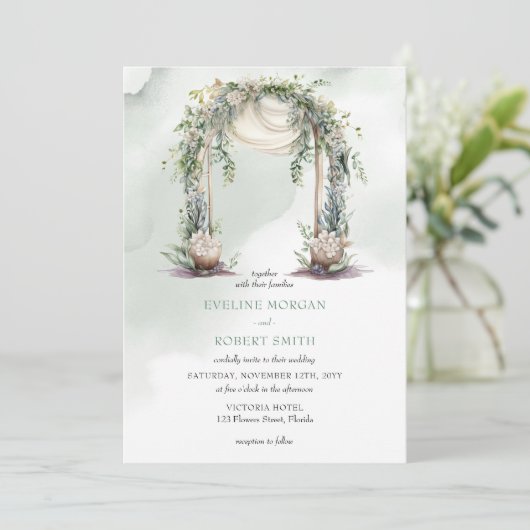 水エレガント色boho緑の葉のアーチ 招待状 (スタンド正面)