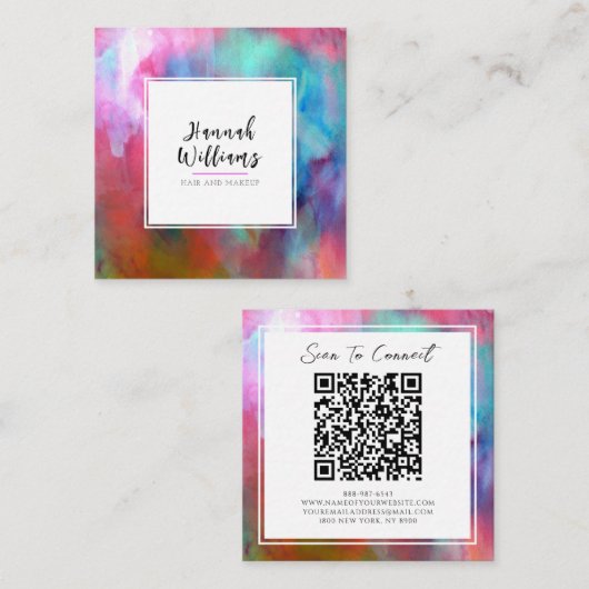 水エレガント色QRコードカラフルパタモダンーン スクエア名刺 (正面/裏面)