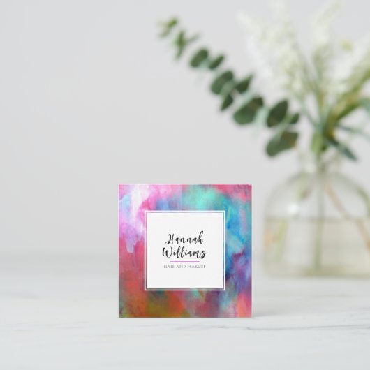 水エレガント色QRコードカラフルパタモダンーン スクエア名刺 (スタンド正面)