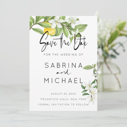 水カジュアル色レモンの花の日付を保存 セーブザデート (スタンド正面)