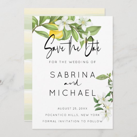 水カジュアル色レモンの花の日付を保存 セーブザデート (正面/裏面)