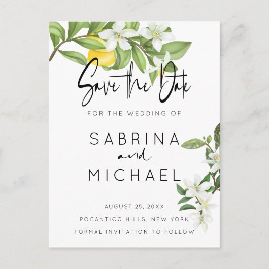 水カジュアル色レモンの花の日付を保存 ポストカード (正面)