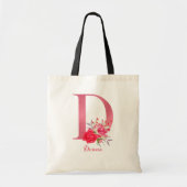水カスタマイズ色の花バラ金ゴールドアルファベットD トートバッグ (正面)