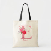 水カスタマイズ色の花バラ金ゴールドアルファベットE トートバッグ (正面)