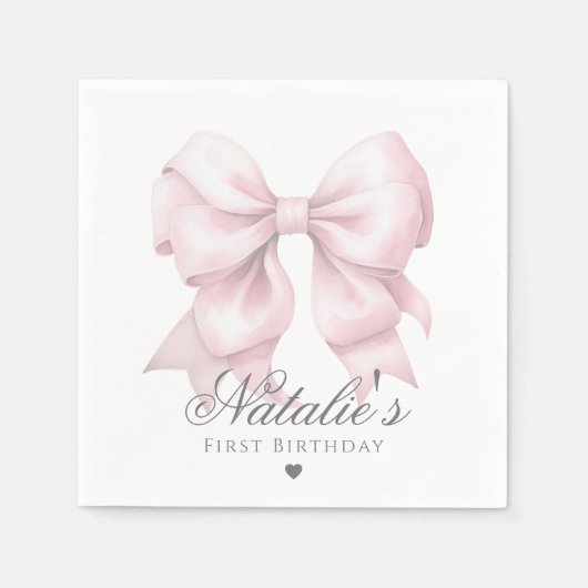 水カスタマイズ色ほこりっぽいピンクボウ1st誕生日 スタンダードカクテルナプキン (正面)
