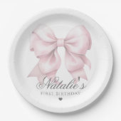 水カスタマイズ色ほこりっぽいピンクボウ1st誕生日 ペーパープレート (正面)