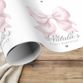 水カスタマイズ色ほこりっぽいピンクボウ1st誕生日 ラッピングペーパー