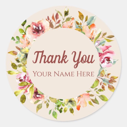 水カスタム色の花とタイポグラフィありがとう ラウンドシール (正面)
