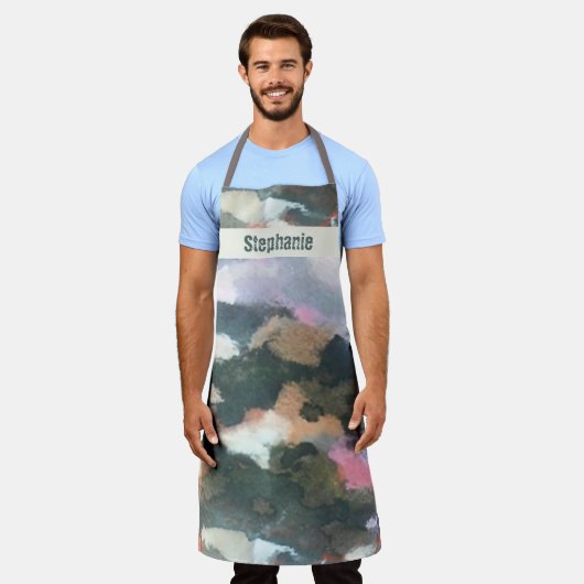 水カスタム色アースブラウン紫抽象芸術 エプロン (着用した状態)