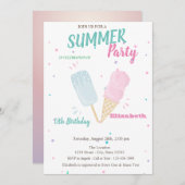 水カッコいい色のアイスクリーム夏の誕生日パーティー 招待状 (正面/裏面)