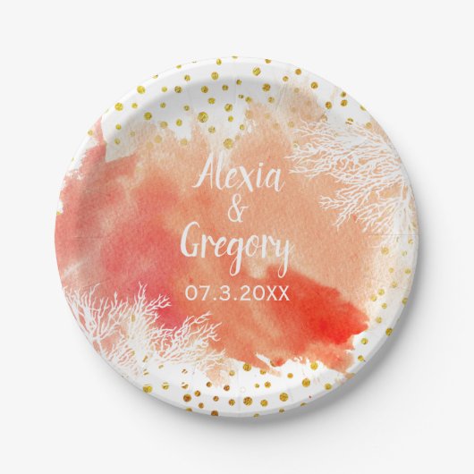 水カラスプラッシュコーラルリーフ金ゴールド結婚紙吹雪 ペーパープレート (正面)
