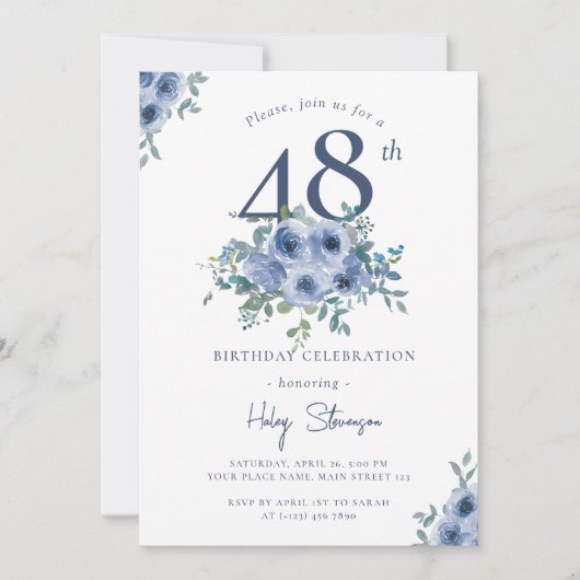 水カラダスティブルーフローラ48thシック誕生日 招待状 (正面)