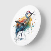 水カラフルに立つ鶴 ラウンド壁時計 (傾斜)