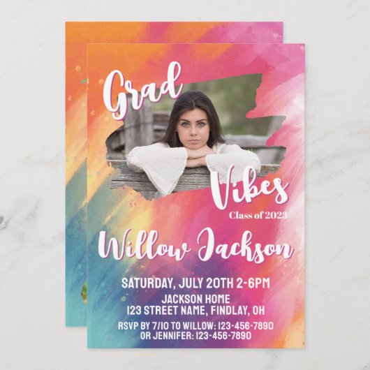 水カラフルアート彩卒業パーティーの写真 招待状 (正面/裏面)