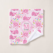 水カラフルスプラッシュピンクホエールモノグラム模様 バスタオルセット (ウォッシュタオル)