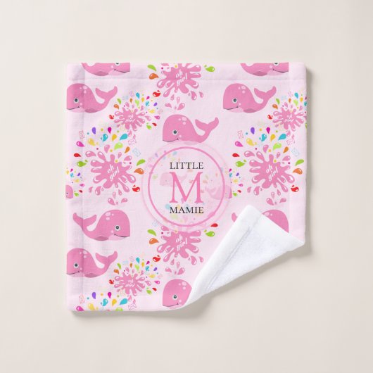 水カラフルスプラッシュピンクホエールモノグラム模様 バスタオルセット (ウォッシュタオル)