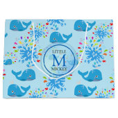 水カラフルスプラッシュブルーホエールモノグラム模様 ラージペーパーバッグ (正面)