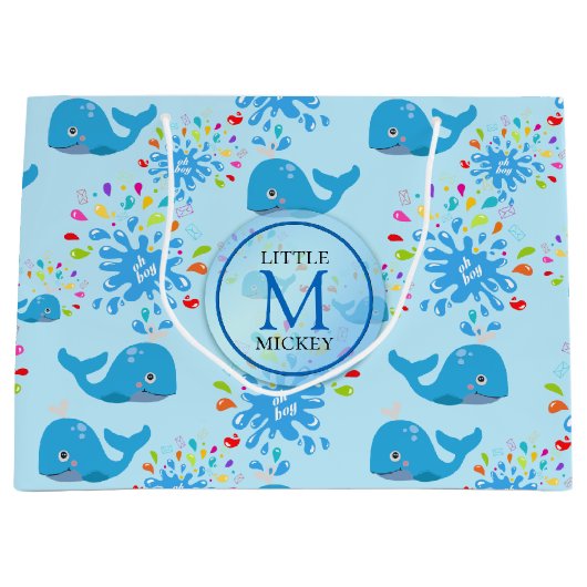 水カラフルスプラッシュブルーホエールモノグラム模様 ラージペーパーバッグ (正面)