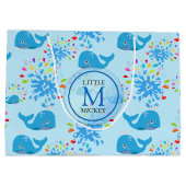 水カラフルスプラッシュブルーホエールモノグラム模様 ラージペーパーバッグ (裏面)