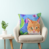 水カラフル彩アート |オレンジ色の猫と花 クッション (椅子)