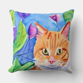 水カラフル彩アート |オレンジ色の猫と花 クッション (正面)