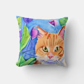 水カラフル彩アート |オレンジ色の猫と花 クッション (正面)