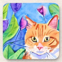 水カラフル彩アート |オレンジ色の猫と花